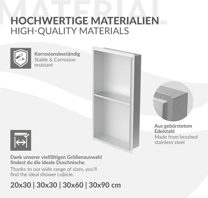 LuxeBath Wandnische Doppel aus Edelstahl, 30x60x10 cm, Silber, Duschnische, Randlos, Einbauregal, Fl