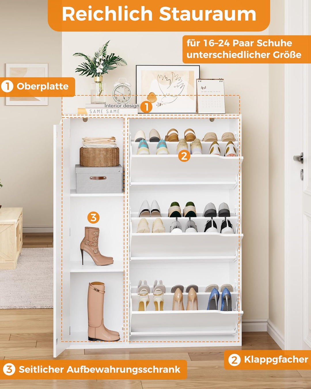 IRONCK Schuhschrank mit 3 Klappen, Schuhkipper Schmal mit Tür, Schuhregal Flur freistehend, Schuhkom