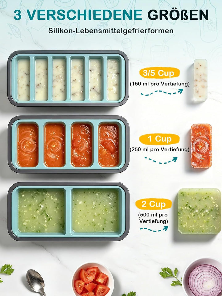 Weenkler 3er-Set Silikon Gefrierform mit Deckel für Meal Prep | 2 Cup, 1 Cup &amp; 3/5 Cup Cubes, BPA-fr