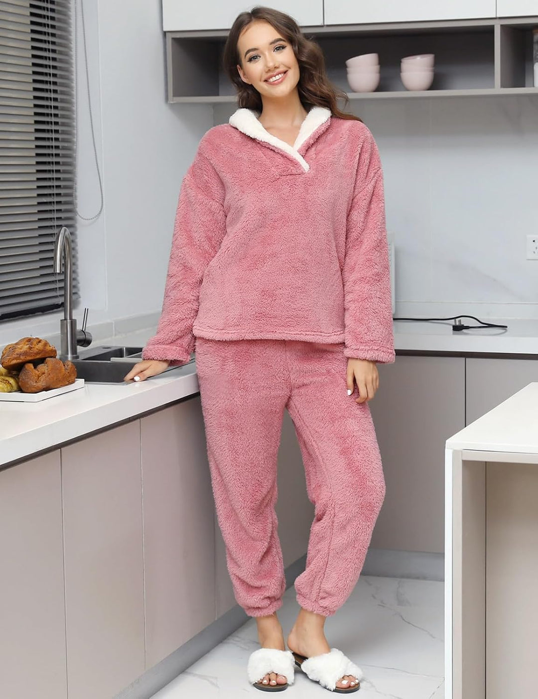 RITOSTA Schlafanzug Damen Winter Thermo Pyjama Lang Fleece Hausanzug Kuschelig Warm Pyjama Set Flaus