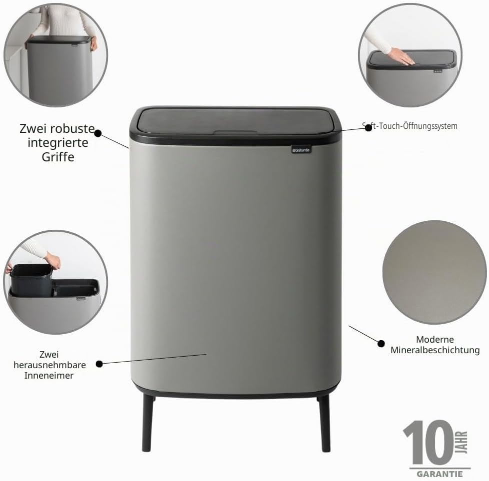 Brabantia Bo Touch Abfalleimer Hi Recycling 2x 30L, Mineralgrau