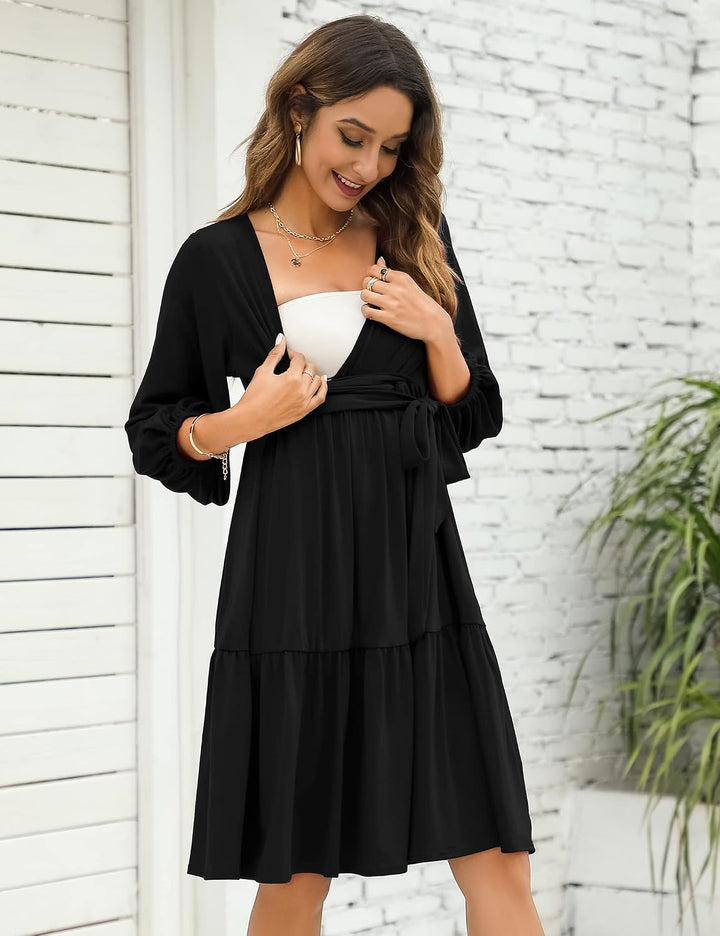 KOJOOIN Damen Umstandskleid V-Ausschnitt 3/4 Ärmel Stillkleid Rüschen Schwangerschafts Kleider mit G