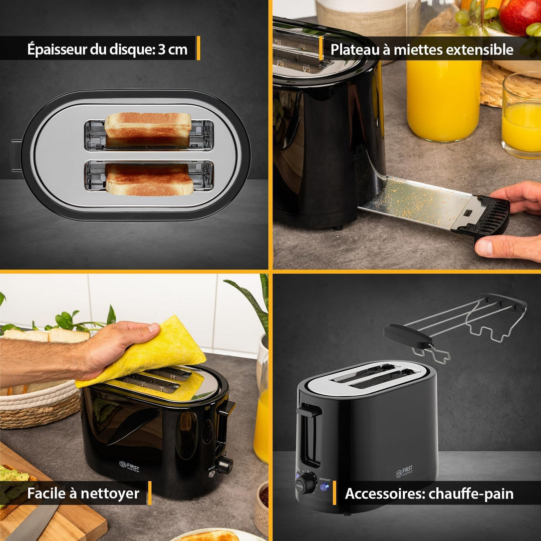 TZS First Austria Doppel Kurzschlitz Toaster, 2 Scheiben, schwarz, 750W, 7 Stufen, Warmhalte- und Au