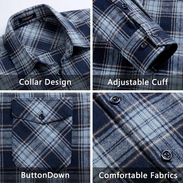 HISDERN Flanellhemd Herren Karierte Hemden Herren Langarm Button Down Baumwolle Holzfällerhemd Regul