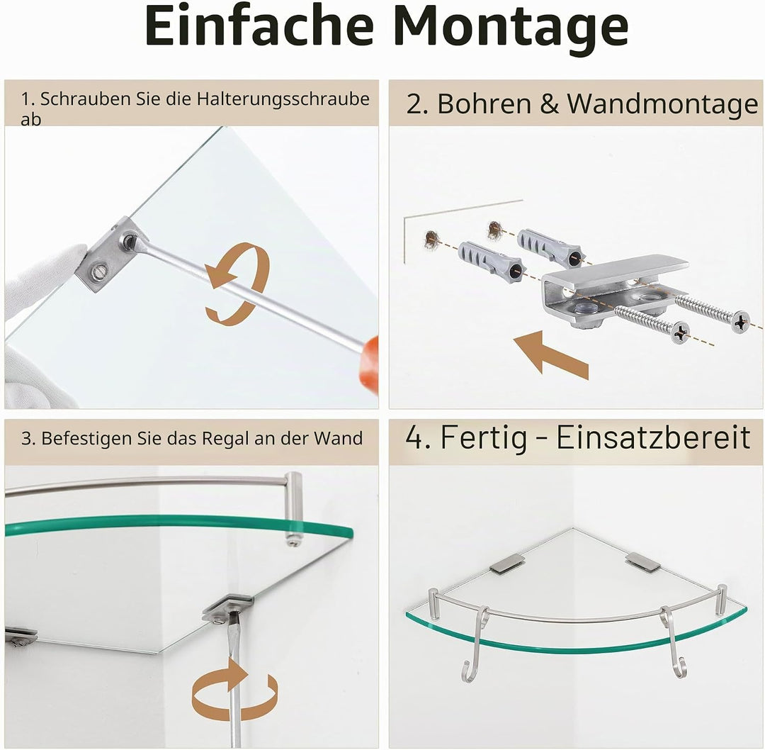 KES Eckregal Glas Duschregal mit Edelstahl SUS304 Haken, Badezimmer Glasregal Ecke Dusche Ablage Geb