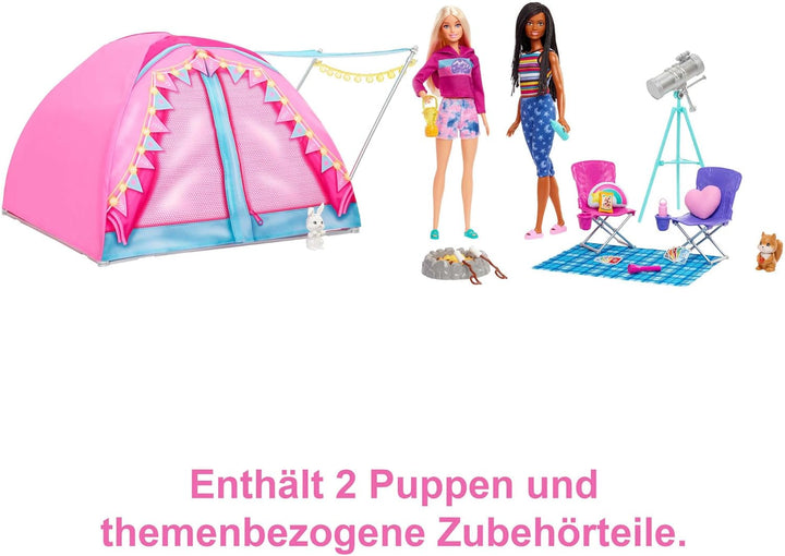 Barbie HGC18 - Barbie „Abenteuer zu zweit“ Camping-Spielset mit Zelt, 2 Barbie-Puppen und 20 Zubehör