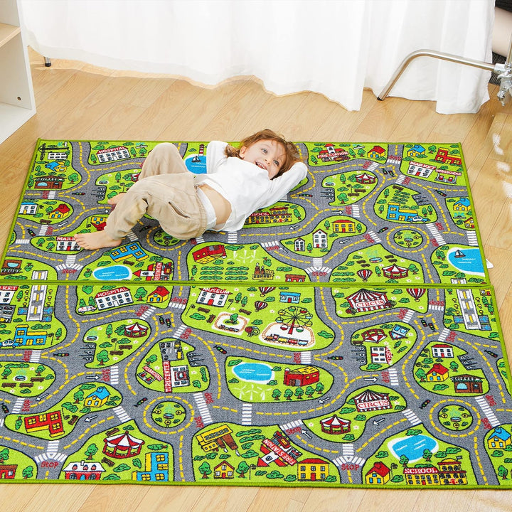 2 Teppich Kinderzimmer 80x150cm (Gesamt 160x150cm) für Kinder ab 3 Jahren, Spielteppich Strasse Kind
