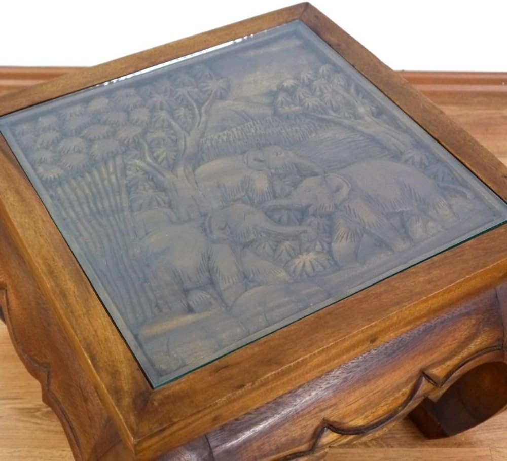 livasia Opiumtisch, Kaffeetisch, Couchtisch, Massivholztisch mit Schnitzerei u. Glasplatte (braun),