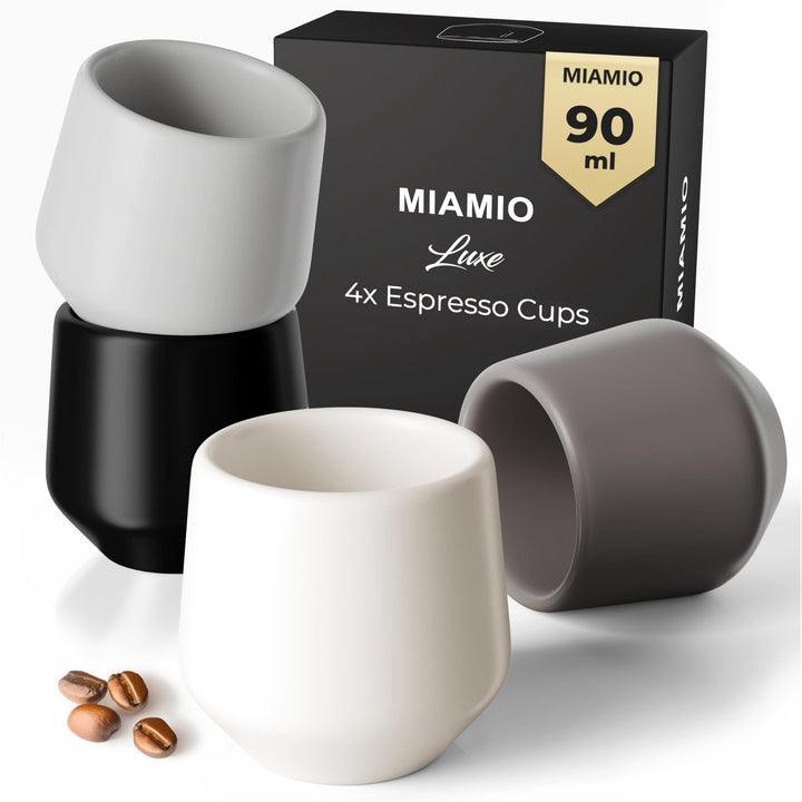 MIAMIO - Espressotassen 4er Set ohne Henkel (90 ml), Keramik Espresso Tassen dickwandig, Moderne Ste