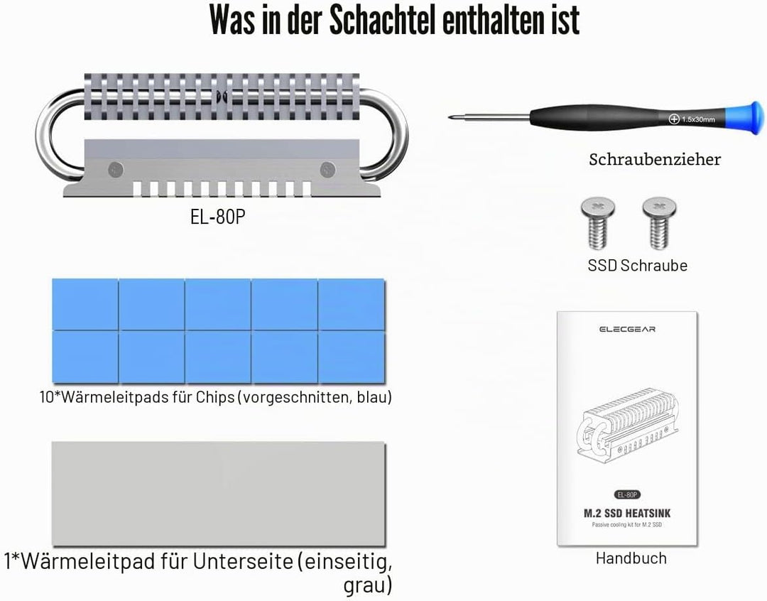 ElecGear EL-80P M.2 2280 SSD Kühlkörper, Heatpipe + Doppeldecker-Kühler aus Aluminium Heatsink für 8