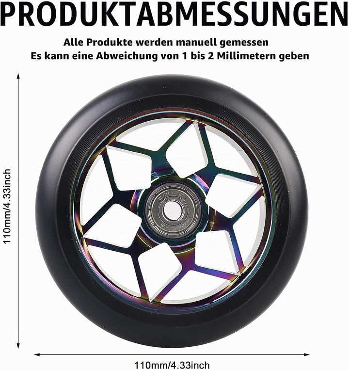 2 Stück Stunt Scooter Rollen 110 mm, Bunt Scooter Scooter Ersatzräder, 88A Rollerräder für Stunt mit
