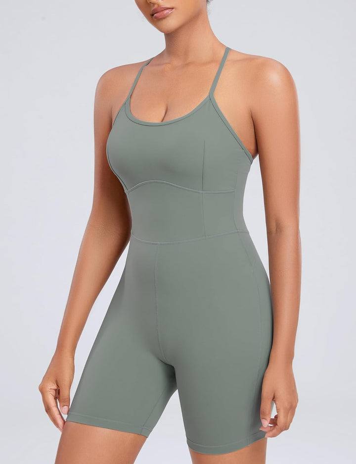 AGONVIN Damen Workout Spaghetti-Träger Rompers Shorts Bauchkontrolle Einteiler Jumpsuit XS Matcha-Gr