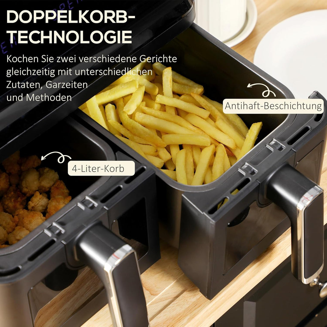 HOMCOM Dual Zone Heissluftfritteuse 8 L Airfryer 2500W mit 2 Fächer, 8 Programme, Antihaftbeschichtu