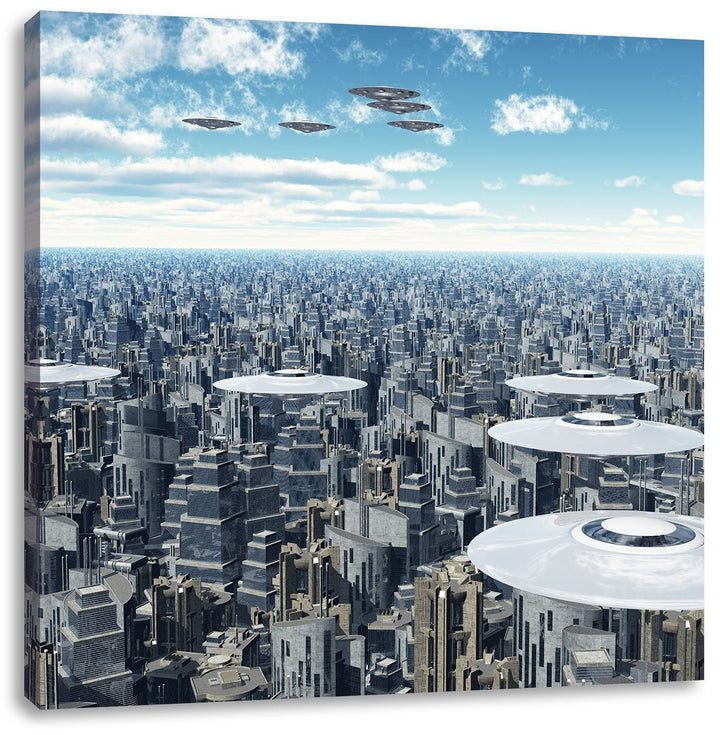 Ufo´s über der Stadt, Format: 70x70 auf Leinwand, XXL riesige Bilder fertig gerahmt mit Keilrahmen,