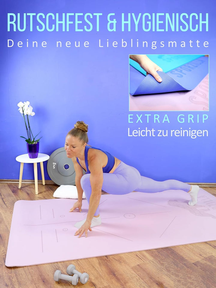 Yoga Matte XXL 200 x 100 cm – 8 mm dick - rutschfest und schadstofffrei – mit Hilfslinien und Traget