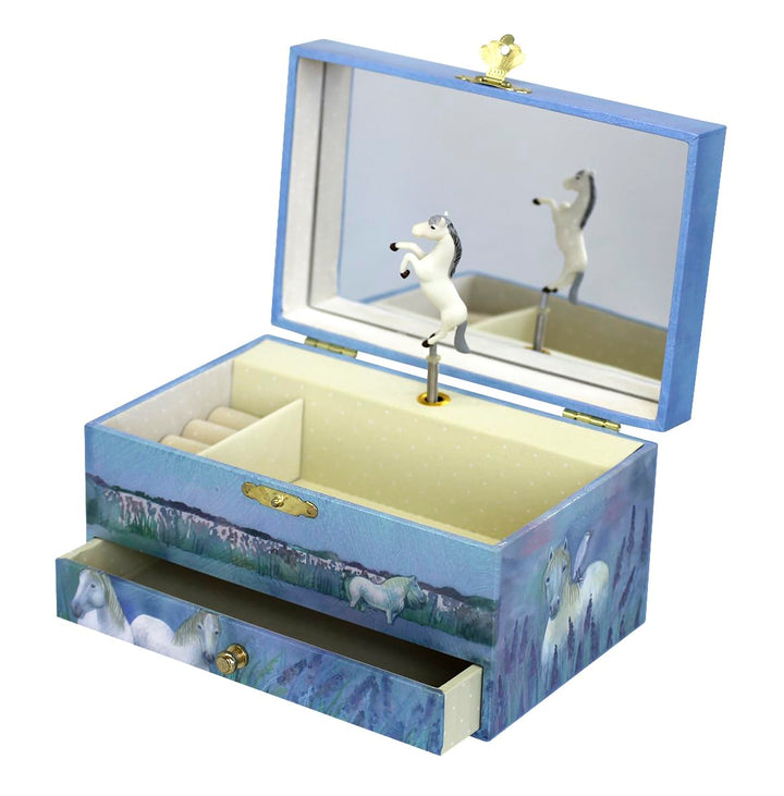 Trousselier 6260621 Schmuckschatulle für Kinder, Pferd Camargue, Spieluhr mit Musik und Tanzender Fi