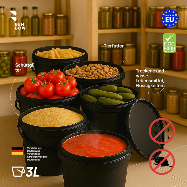 BenBow Eimer mit Deckel 3l schwarz 5X 3 Liter - lebensmittelecht, stabil, luftdicht, auslaufsicher,