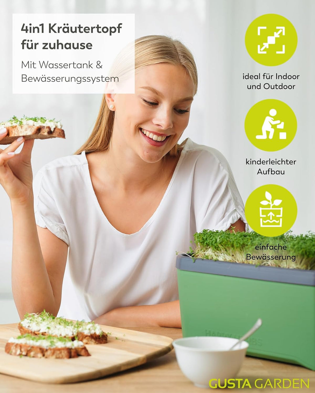 GUSTA GARDEN Harry Herbs 4in1 Kräutertopf Dunkelgrün - Pflanzentopf mit Bewässerungssystem - 0,5L Wa