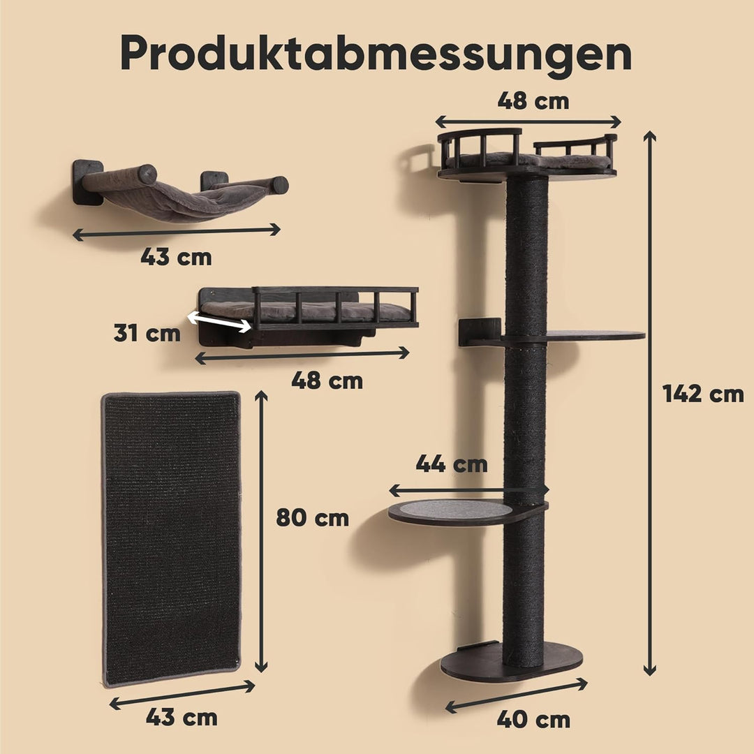 FUKUMARU Kletterwand Katzen-Set, 4 in 1 stabiles Wandmöbel aus mehrschichtigem Holz mit Hängematte,