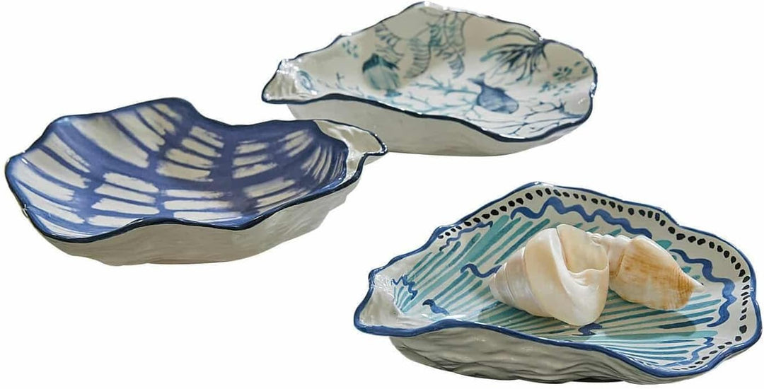 Loberon Schale 3er Set Allarmont, von Hand bemalt, maritimes Flair, Muschelstruktur auf der Untersei