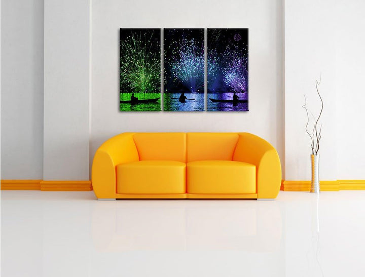 Pixxprint Feuerwerk auf dem Wasser / 3-Teilig/Gesamtmass 120cm Leinwandbild bespannt auf Holzrahmen/