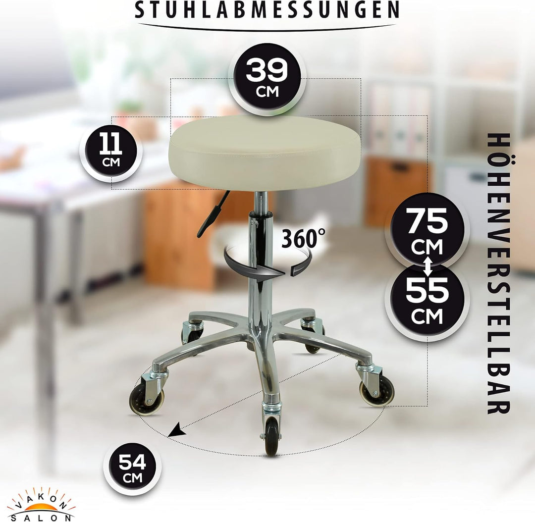 Premium Rollhocker weiss höhenverstellbar von 55 bis 75 cm - Rundsitz- Drehhocker Arbeitshocker Prax