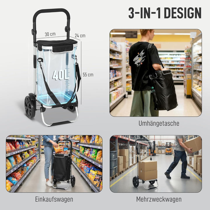 HOMCOM 3-in-1 Einkaufstrolley klappbar mit 40L Kapazität belastbar Trolley bis 25kg Einkaufswagen mi