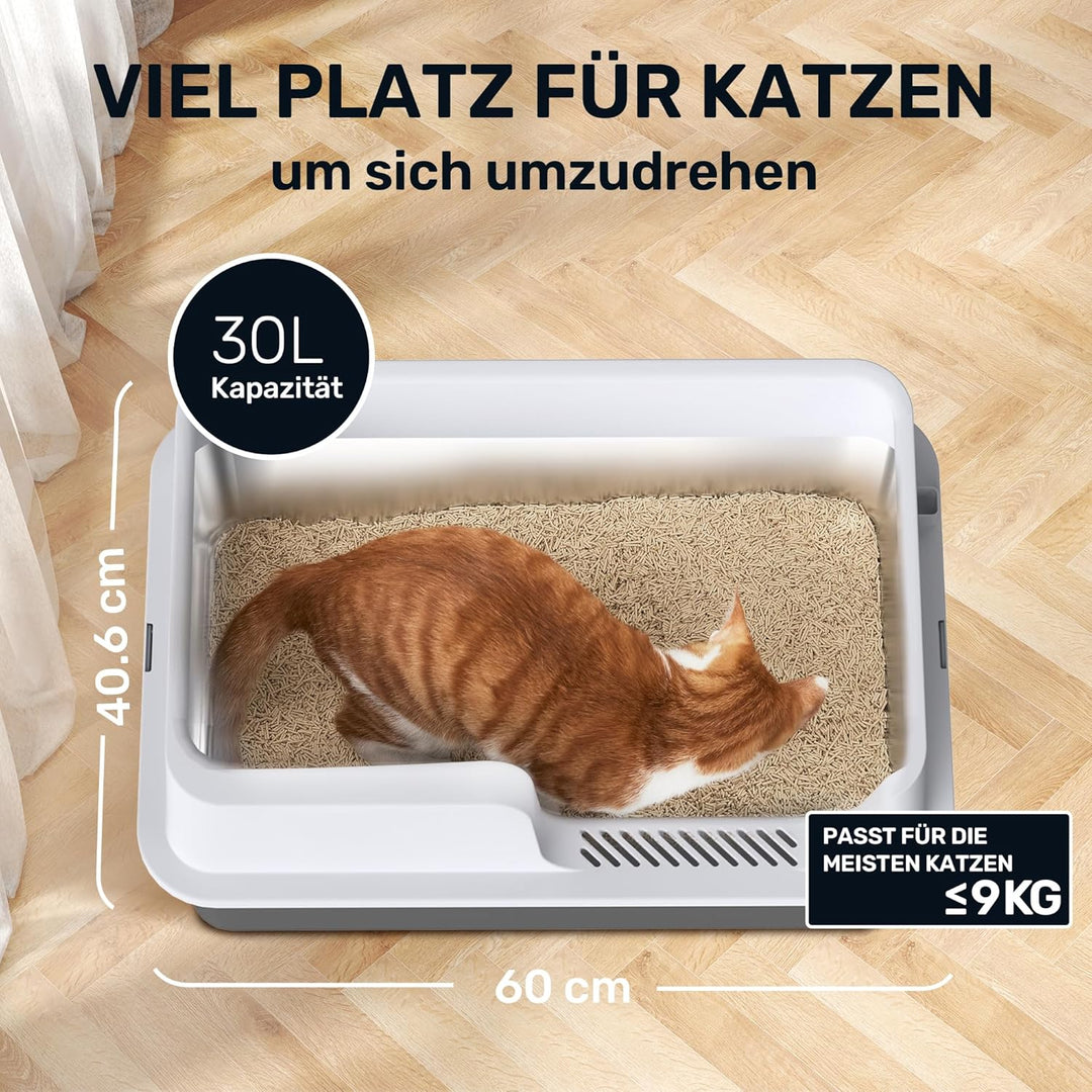 FUKUMARU Katzenklo Edelstahl XXL, Hohe Seitenwände Katzentoilette, 30L Grosse Kapazität Auslaufsiche
