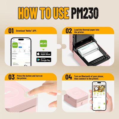 Nelko Aufkleber Drucker, PM230 Mini Drucker Bluetooth Portabel Sticker Maker mit 3 Rollen Papier, fü