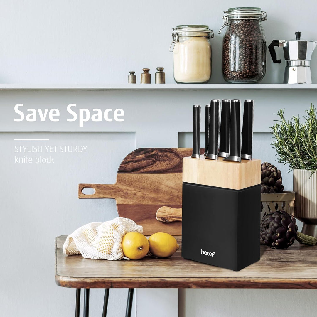hecef Messerblock mit Messer, 7-tlg Scharfe Messerset mit Vollzahn-Konstruktion, Edelstahl Küchenmes