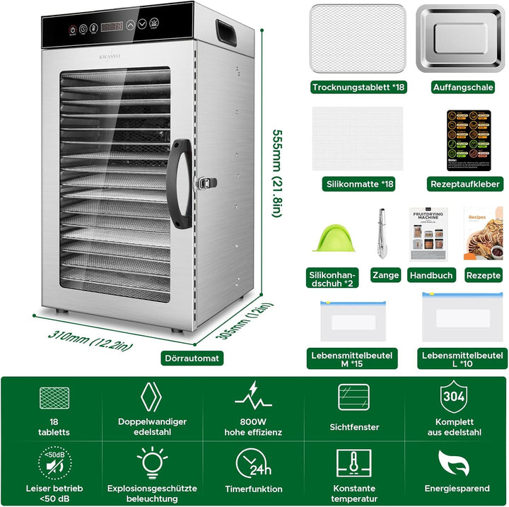 Kwasyo Gewerblicher Dörrautomat 18 Etagen, 800W Edelstahl Lebensmittel Dehydrator mit 360° Luftzirku