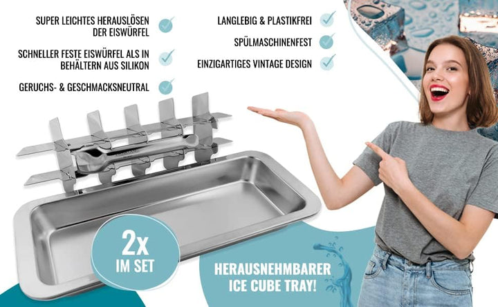 Dreiklang 2er Set robuste Eiswürfelform Eiswürfelbehälter hochwertig polierter Edelstahl mit Hebel l