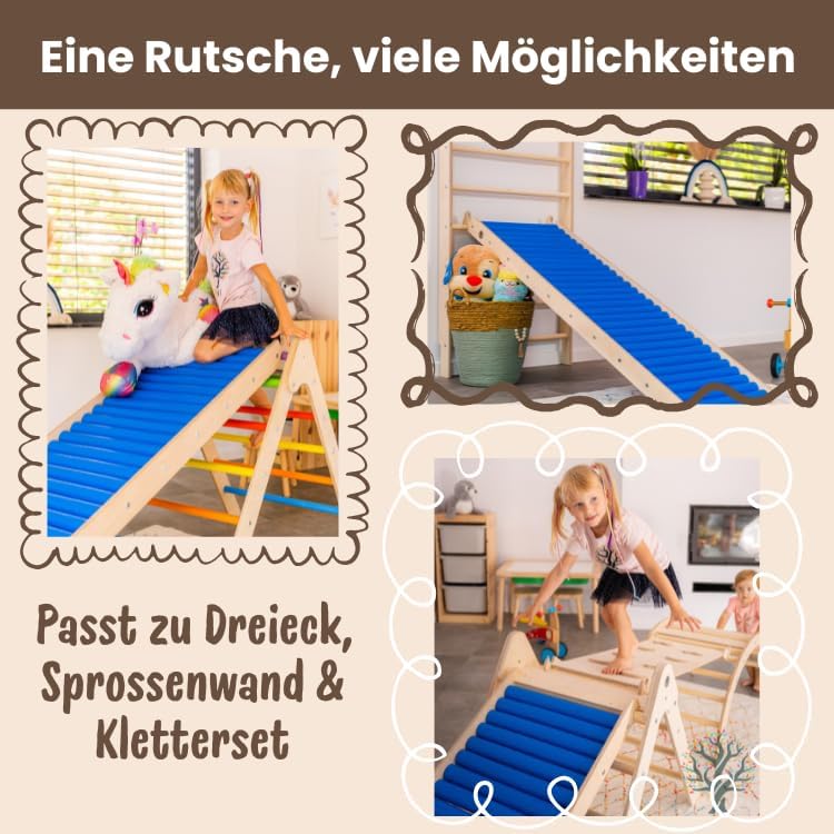 WoodsCraft - Indoor &amp; Outdoor Kletterset: Rutsche [120 cm] mit Kletterdreieck | Kinderrutsche-Rollen