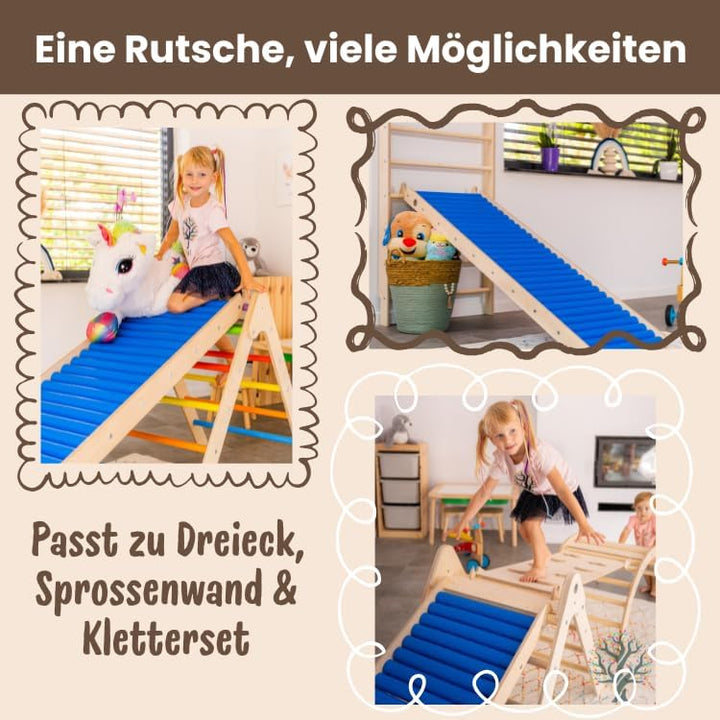 WoodsCraft - Indoor &amp; Outdoor Kletterset: Rutsche [120 cm] mit Kletterdreieck | Kinderrutsche-Rollen