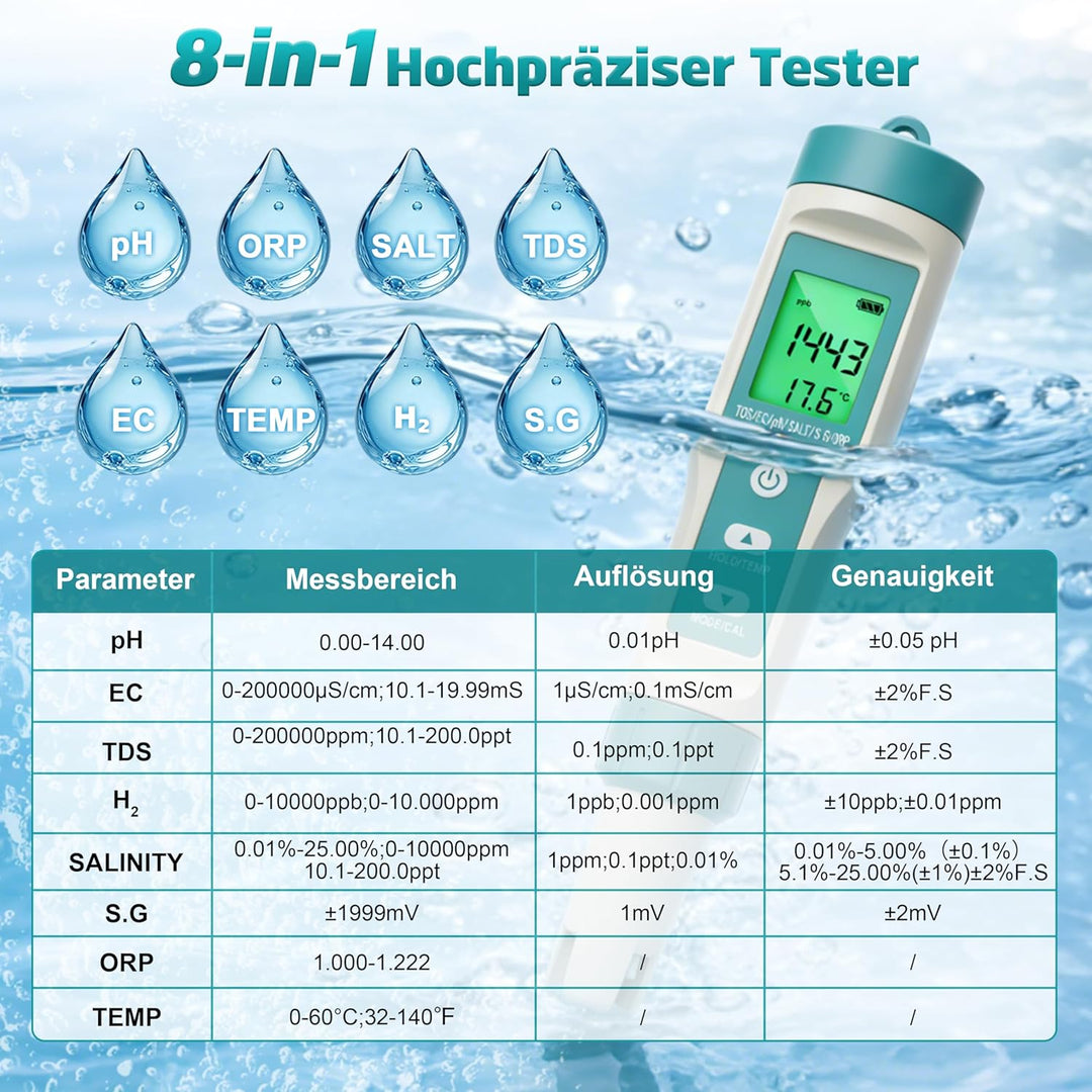8 in 1 PH Messgerät Wasser, pH Wert Messgerät, misst pH ORP Salzgehalt TDS EC Temperatur, Digitaler