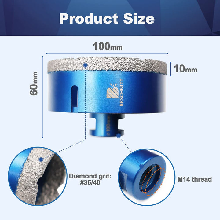 Diamant Fliesenbohrer 100mm - M14 Diamantbohrer Lochsäge für Fliesen Porzellan Keramik Marmor Granit