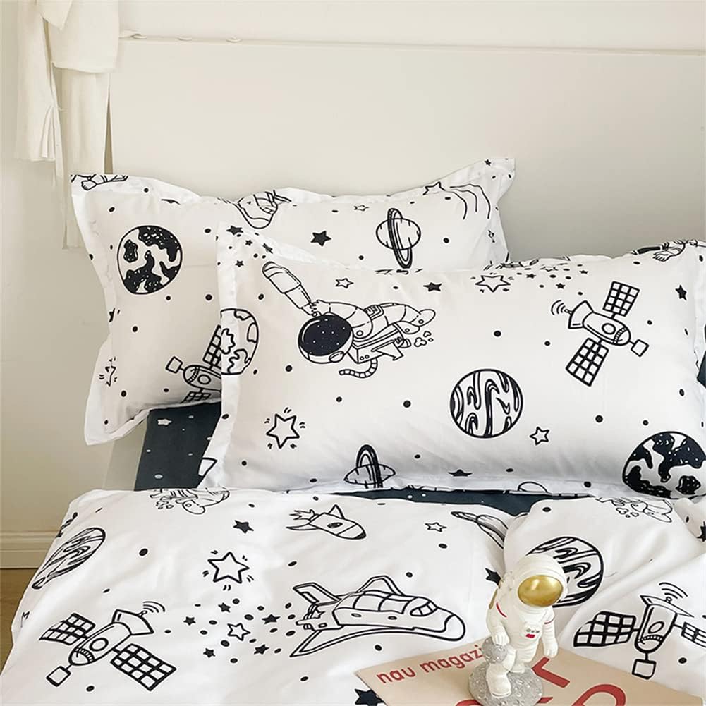 Koudi Bettwäsche Kinder 100x135 Weltraum Kinderbettwäsche Jungen Weiss Schwarz Rakete Sterne Planete