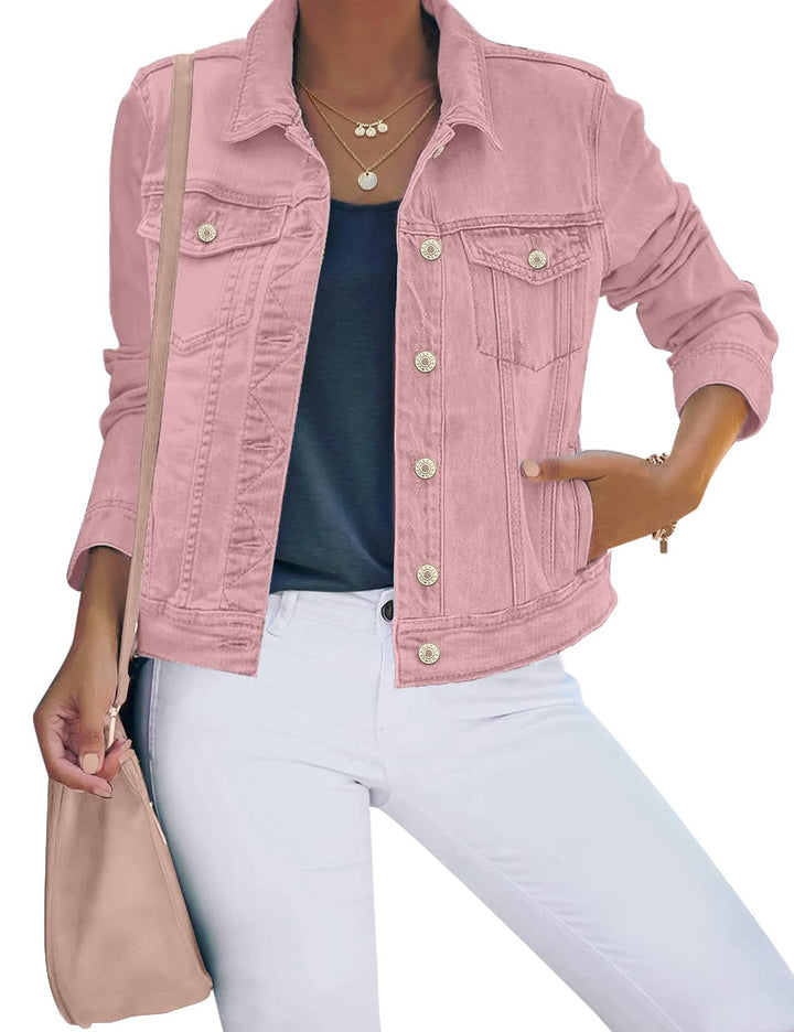 Roskiky Jeansjacken Damen Jean Stretchy Langarm Trucker Jacke mit Tasche XS Rosa, XS Rosa