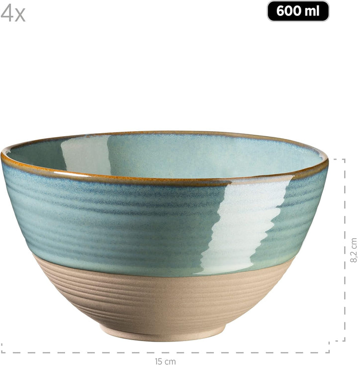 MÄSER Serie Nottingham, 4er Müslischalen Set mit filigranem Linienspiel und edler Glasur, 4 Schalen