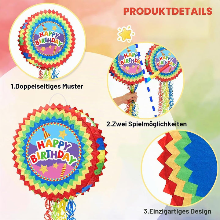 WERNNSAI Pinata – Geburtstag Pinata Kinder Bunt Piñata Set mit Stock Augenbinde Zugschnur Geburtstag