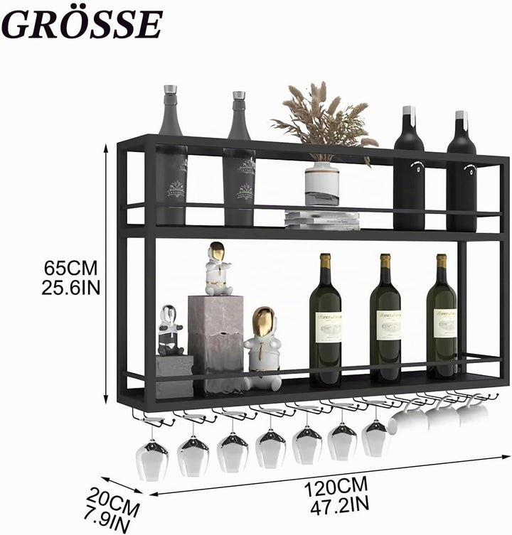 industriell wandmontierte Weinregal mit Glashalter, Schwarz Metallflaschenhalter Multi funktionaler
