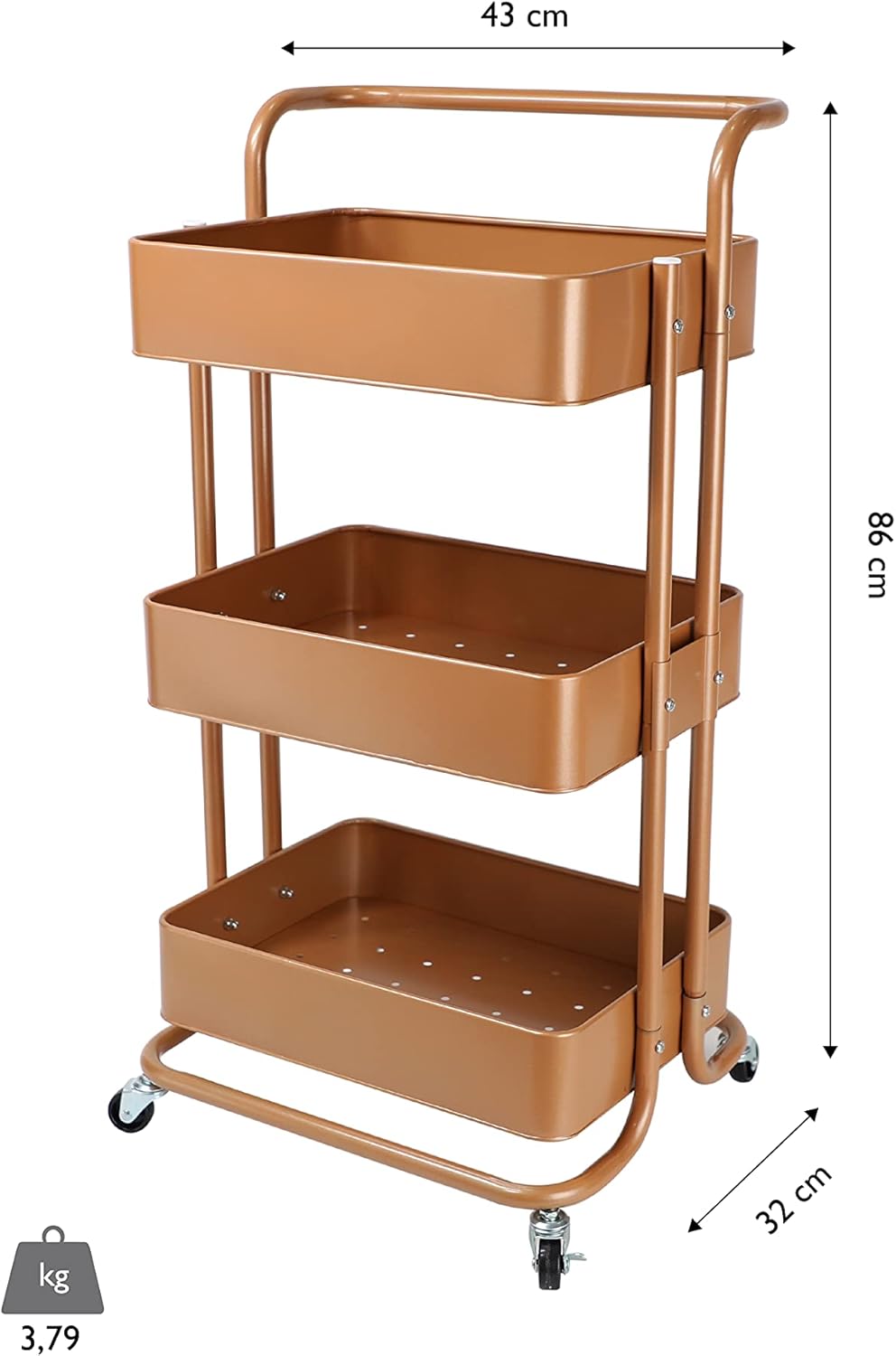 Echtwerk mobiler Servierwagen für Küche/ Bad/ Büro mit 3 Ebenen, Küchenrollwagen, Küchenwagen, Werkz