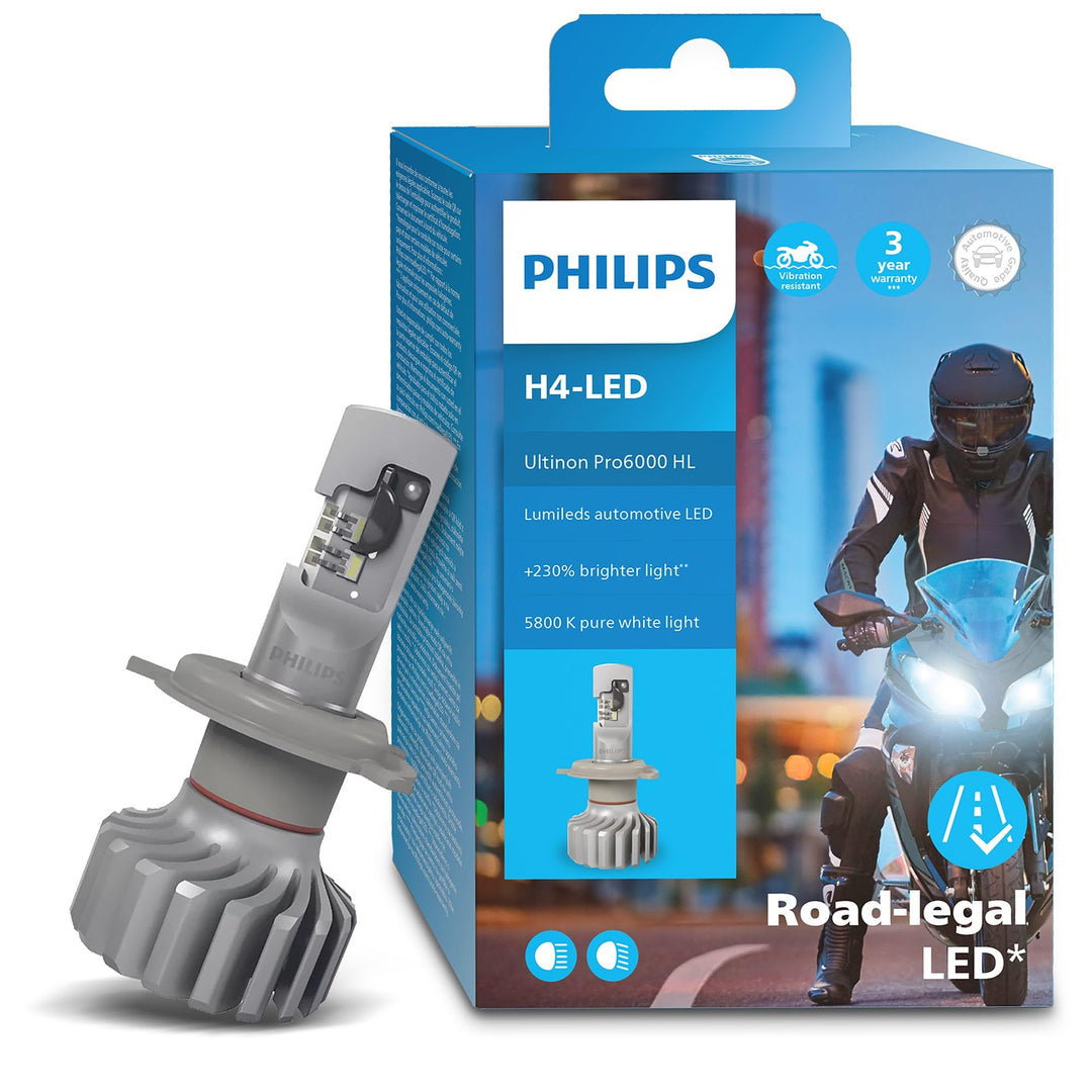 Philips Ultinon Pro6000 H4-LED Motorrad Scheinwerferlampe mit Strassenzulassung, 230% helleres Licht