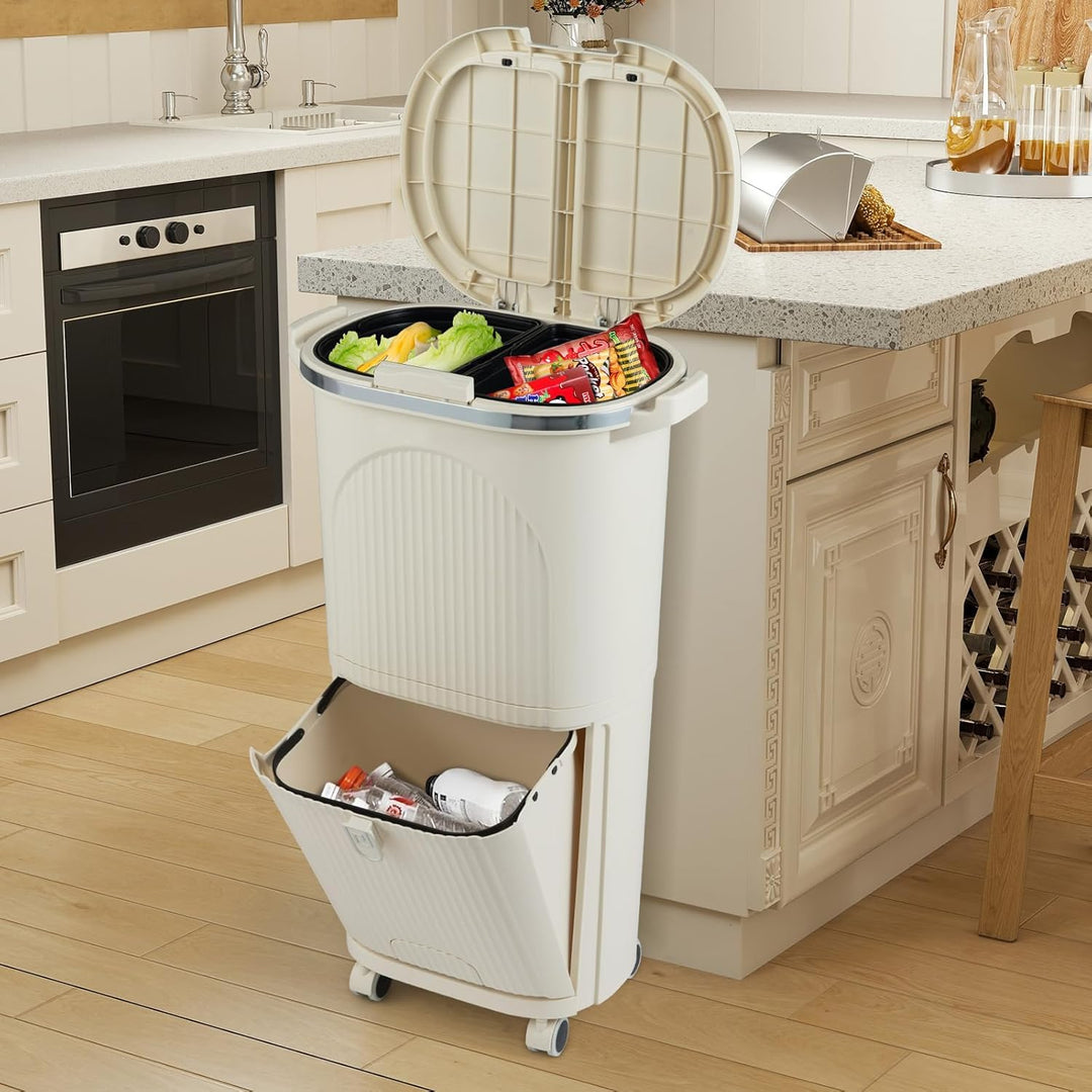 COSTWAY Mülleimer Küche, Mülltrennsystem 3 Fächer, 2 x 12L Inneneimer & 14L Treteimer, Abfalleimer m