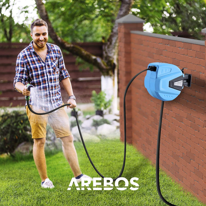 Arebos Schlauchaufroller | 15 m schwenkbare Schlauchtrommel | Wand-Schlauchbox mit Arretierstop | In