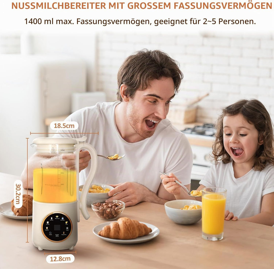 Nussmilchmaschine 1,4L, Automatischer Nussmilchbereiter, mit Startverzögerung, Selbstreinigung, LED-