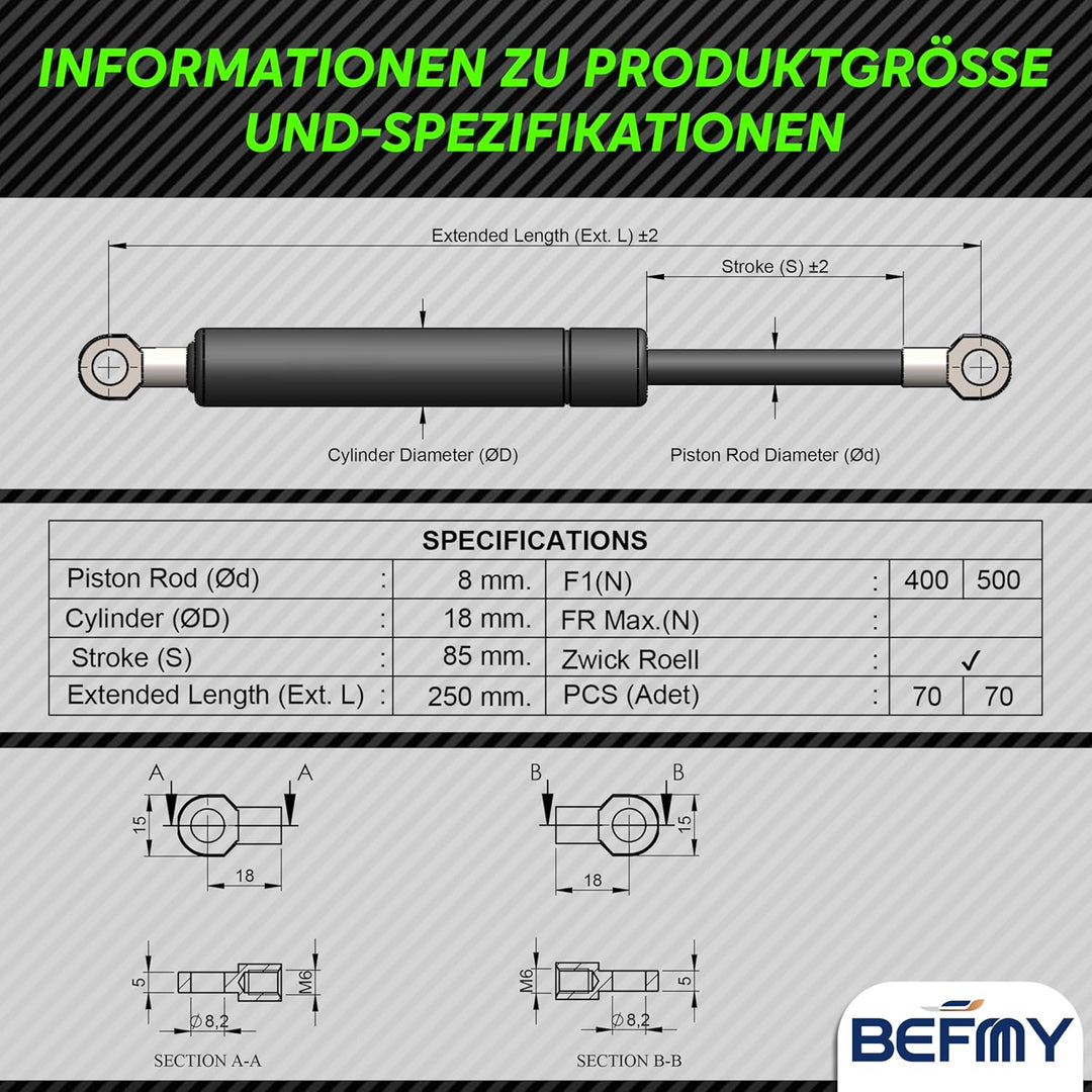 Gasdruckfeder Schwarz 250-900mm | Universal Gasdruckdämpfer 200N-900N | Robuste Konstruktion mit Öse