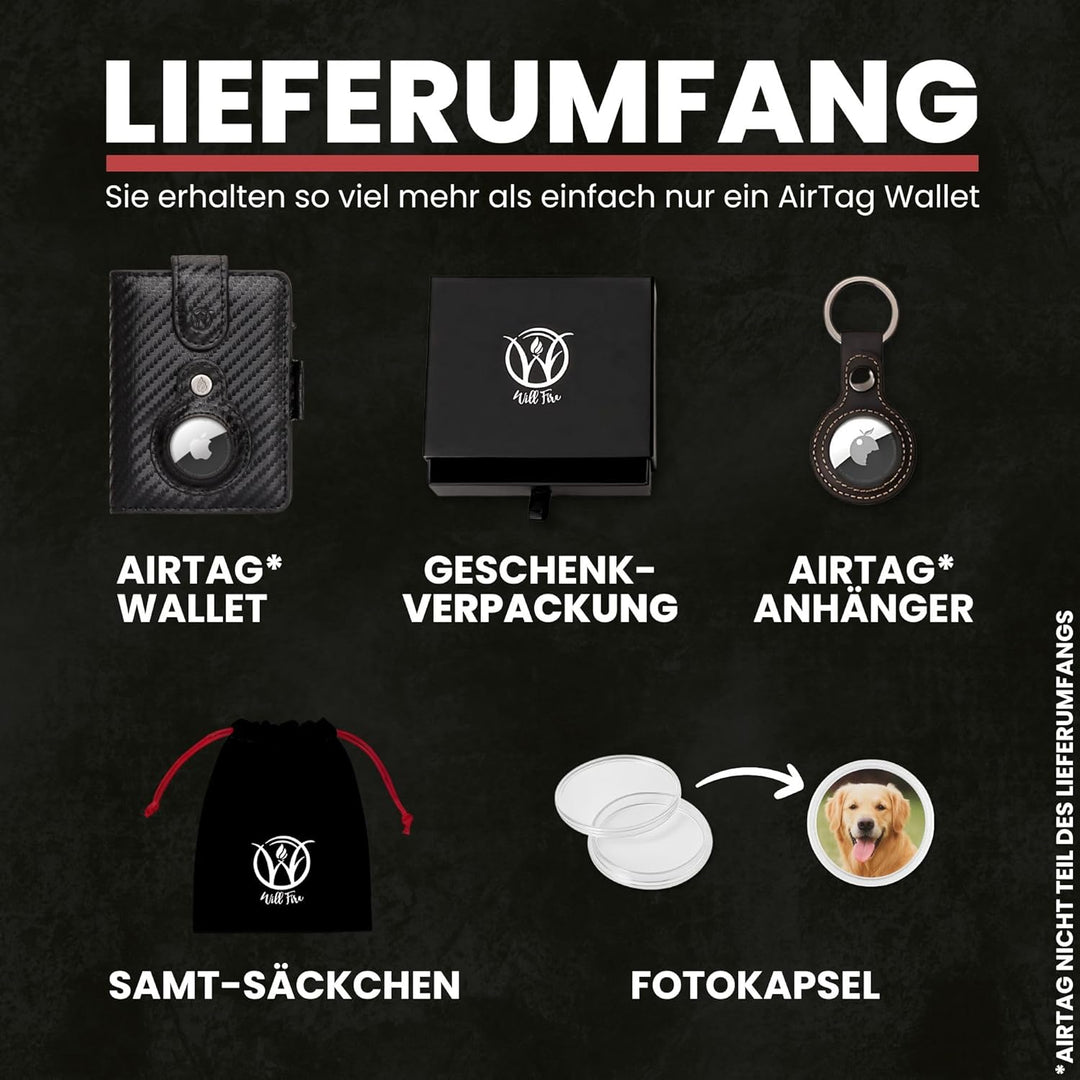 Will Fire® AirTag Wallet | Inkl. Airtag Anhänger | Echtleder Geldbörse mit Münz- & Scheinfach | Extr