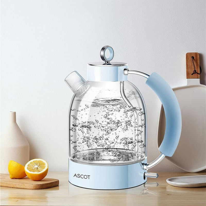 ASCOT Wasserkocher Glas, Elektrischer Wasserkocher Geschenke für Männer/Frauen/Familie 1,5L, Retro L
