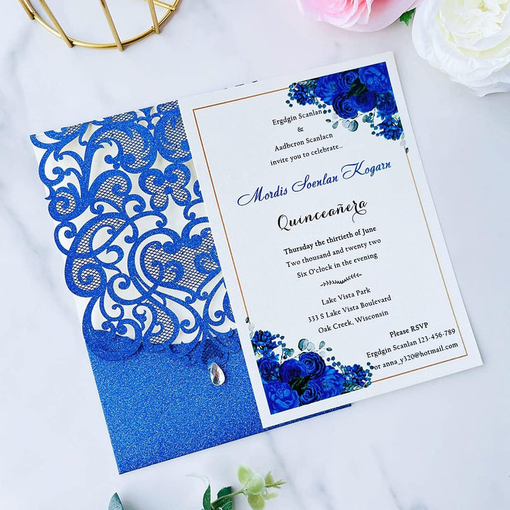 Hosmsua 20x Blau Glitzer Hochzeit EinladungsKarten Lasercut Rose Spitze Wasserdiamant Hochzeitseinla